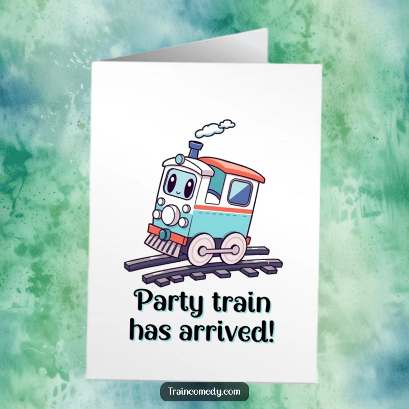 Free Printable Birthday Card: Playful train character doing a cartwheel on tracks, a fun and energetic birthday wish.