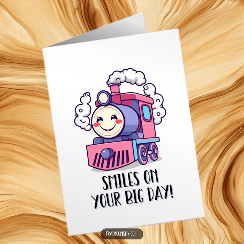 Funny Free Printable Birthday Card: Happy train engine character exhaling smoke rings shaped like smiley faces, joyful wishes.