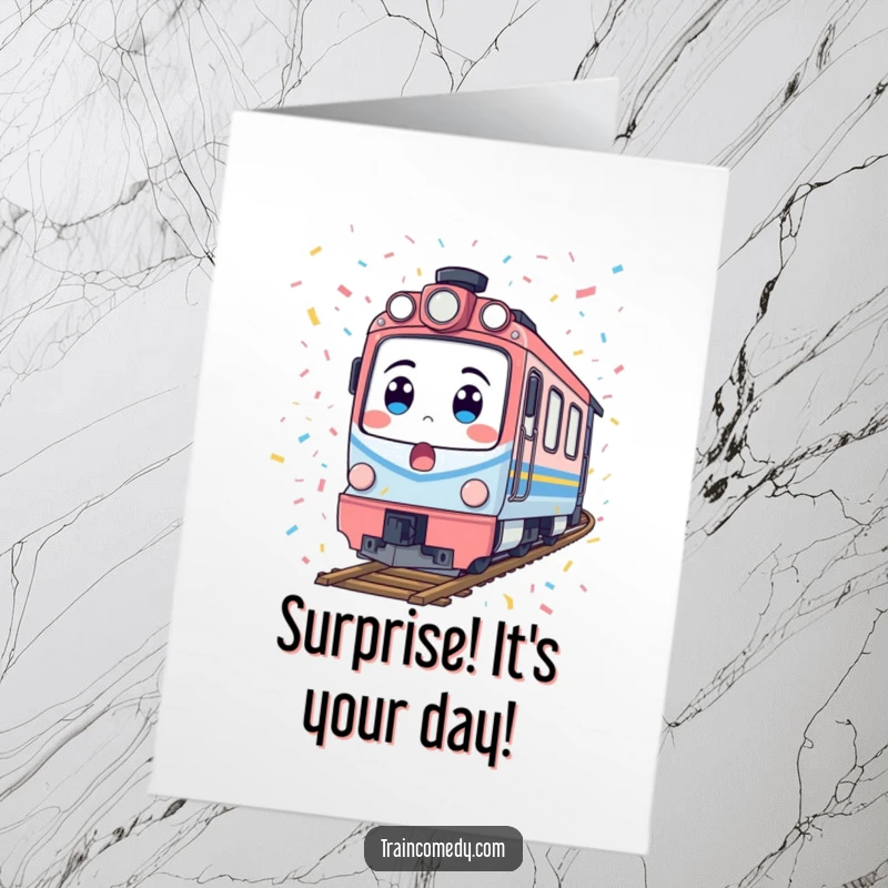 Funny Free Printable Birthday Card: A train character with a surprised expression is covered in confetti, a hilarious DIY gift.