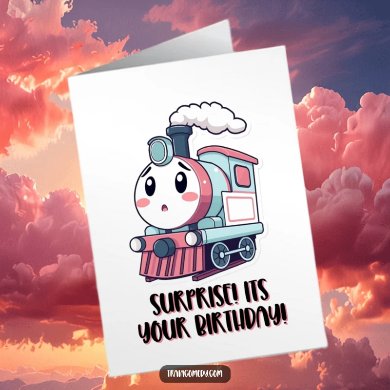 Funny Free Printable Birthday Card: Kawaii train engine puffing steam with a hilariously surprised wide-eyed expression.