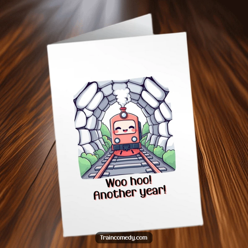 Funny Free Printable Birthday Card: Giggling kawaii train character smiling widely as it approaches a dark tunnel entrance.