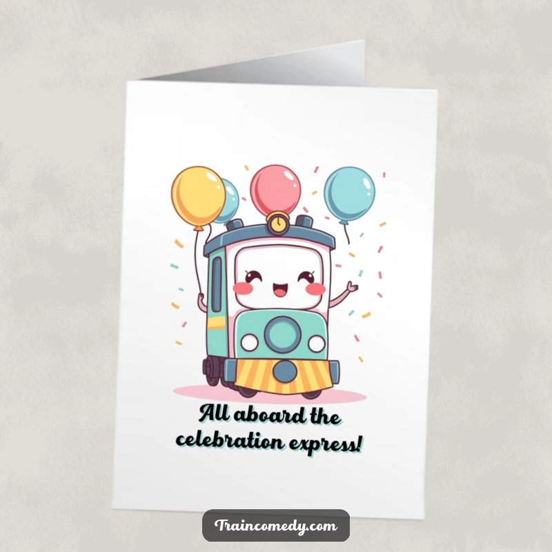 Funny Free Printable Congratulations Card: A cute kawaii train character celebrating with confetti and balloons in excitement.