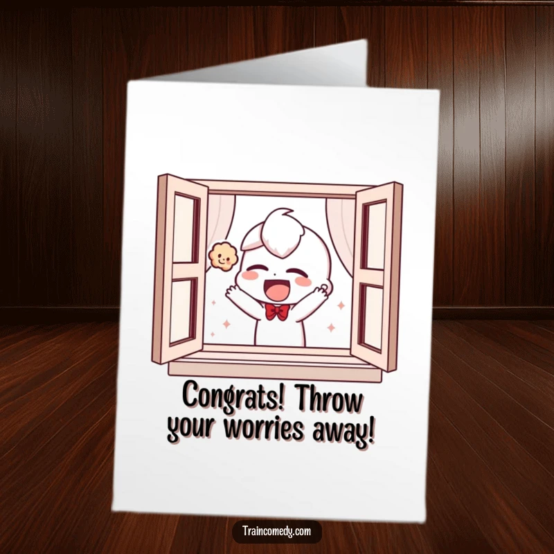 Funny Free Printable Congratulations Card: a giggling character tosses a plush toy, celebrating good news with abandon.
