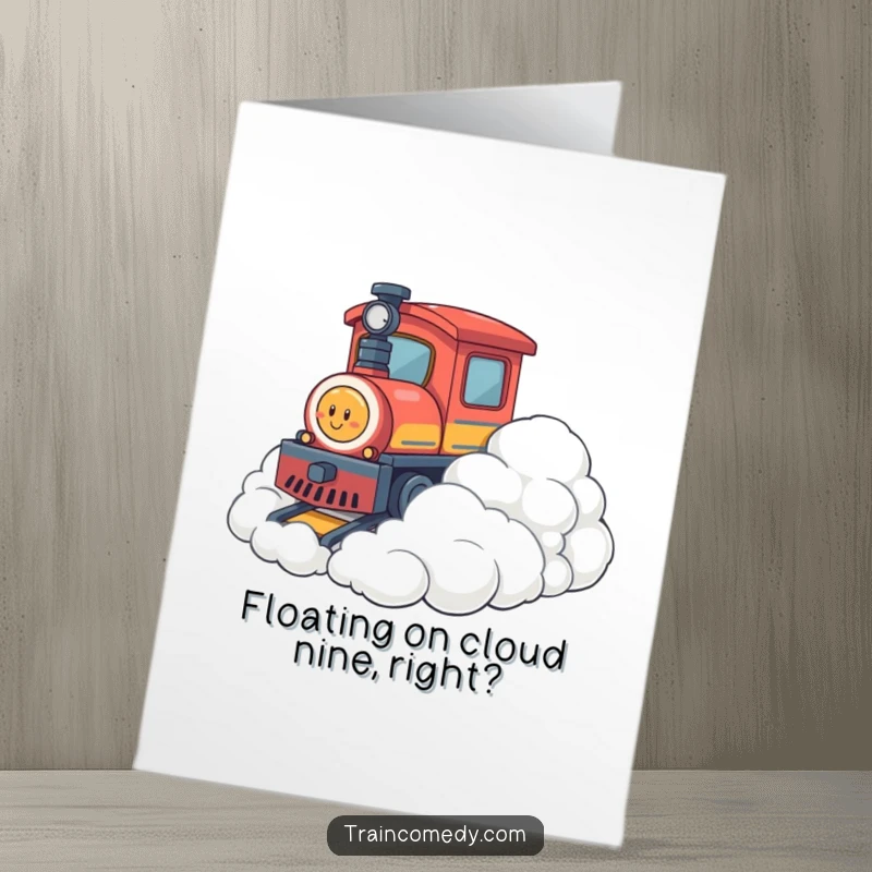 Funny Free Printable Congratulations Card: A train playfully interacts with fluffy clouds, symbolizing reaching for dreams.