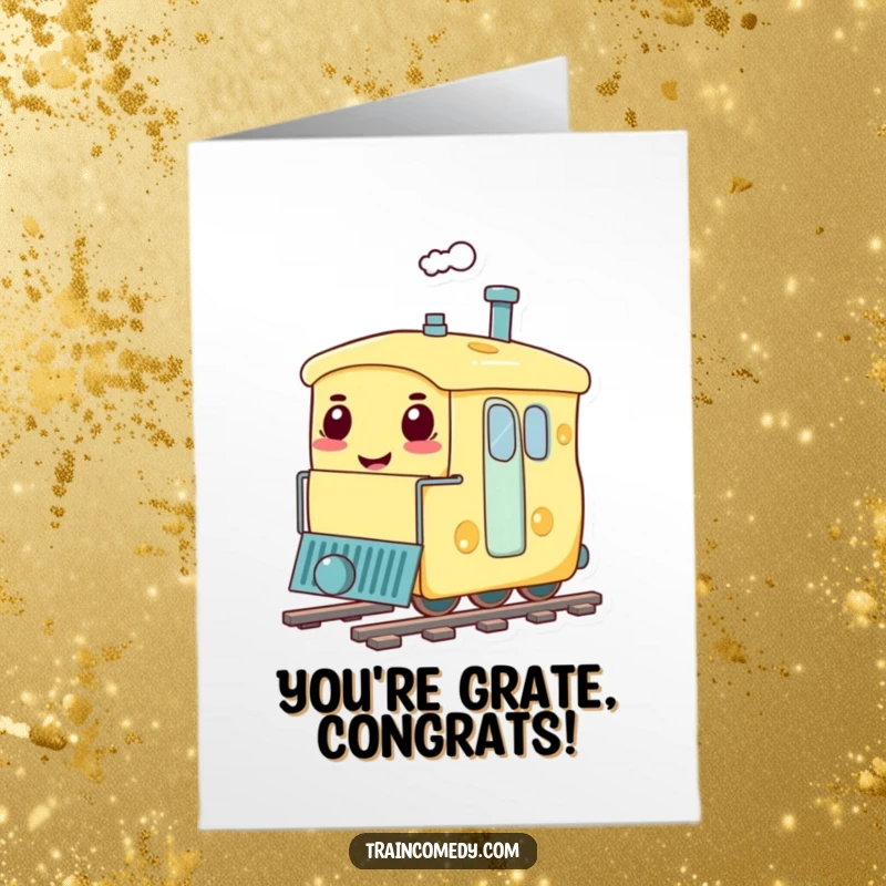 Funny Free Printable Congratulations Card: A smiling cheese train carriage chugging along, celebrating your amazing achievements with glee.