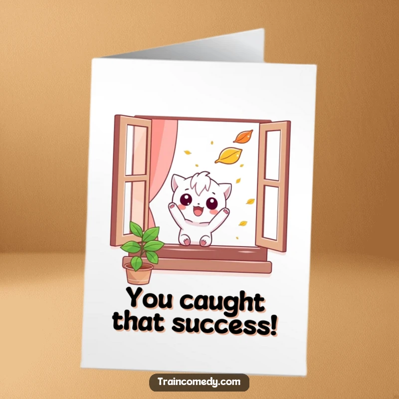 Free Printable Congratulations Card: Mischievous character attempts to catch a falling leaf from a window, celebrating a new success.