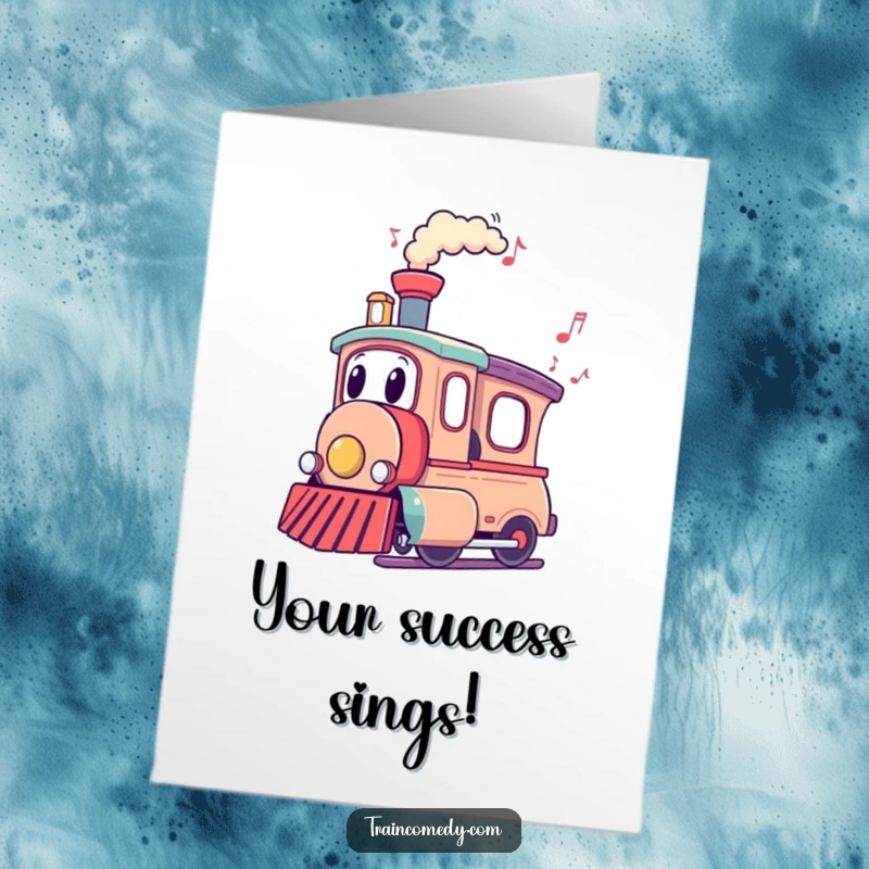 Funny Free Printable Congratulations Card featuring a train car emitting musical notes from its chimney in celebration.