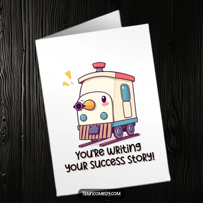 Funny Free Printable Congratulations Card: A whimsical pencil character acting as a train whistle, cheering enthusiastically for your success.