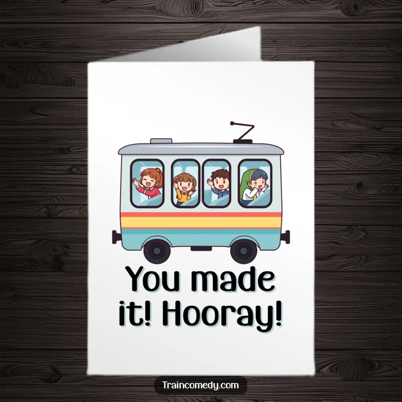 Funny Free Printable Congratulations Card: Whimsical train car, passengers waving enthusiastically, celebrating new beginnings.