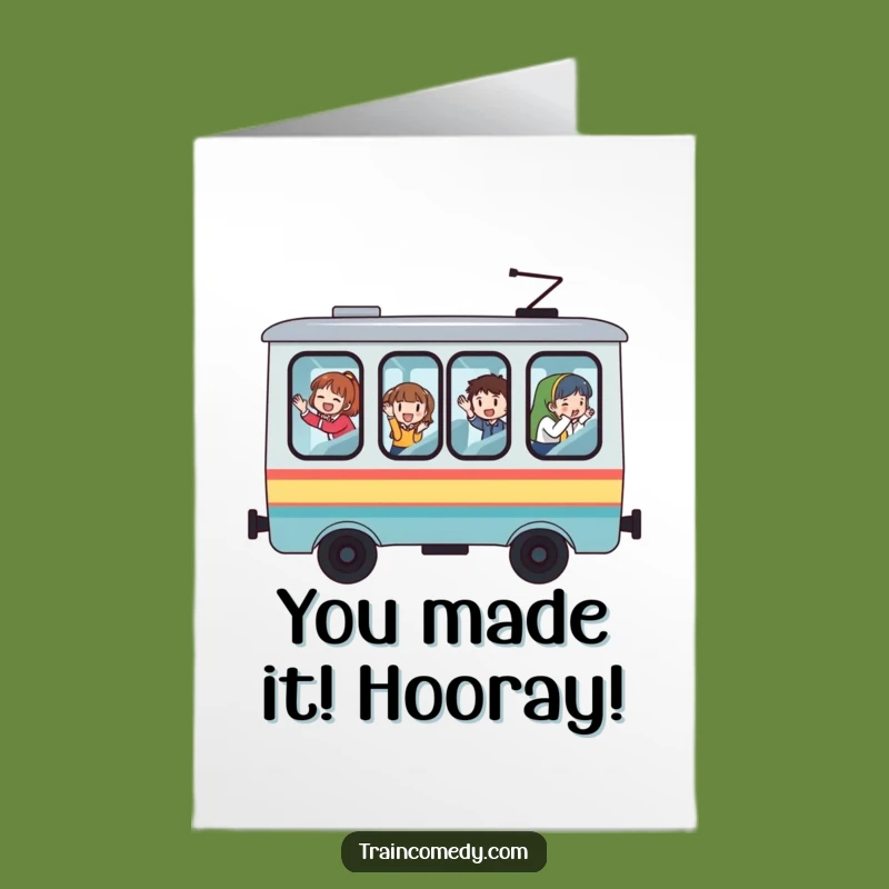 Free Printable Congrats Card: Whimsical Train Adventure, Waving Passengers, Funny Downloadable Gift