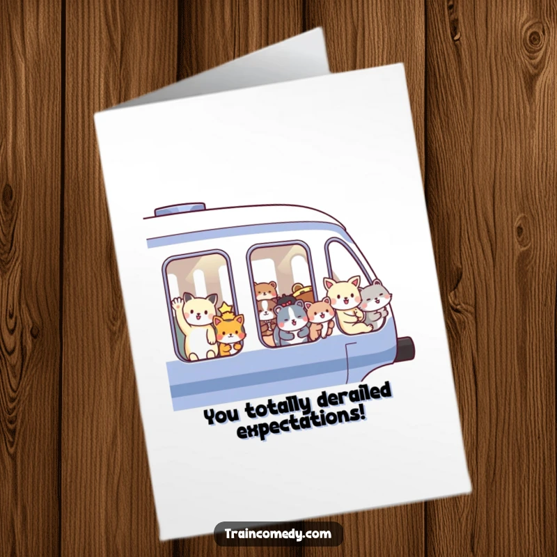 Funny Free Printable Congratulations Card showing excited animals waving from a speeding train, celebrating a fantastic accomplishment with joy.