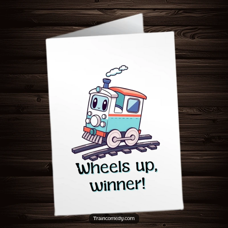 Funny Free Printable Congratulations Card: Playful train character cartwheeling on tracks, a dynamic downloadable congratulations.