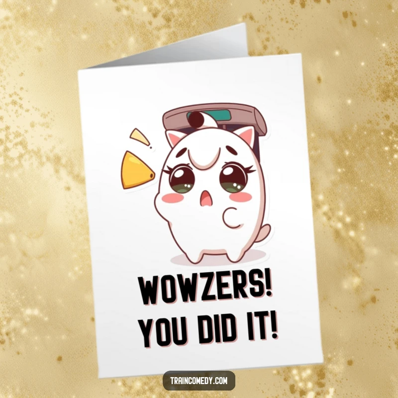 Funny Free Printable Congratulations Card: A Kawaii character's eyes go wide in surprise as a train horn blares, celebrating achievement.