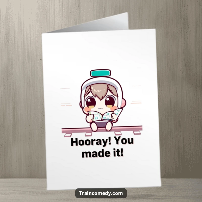Funny Free Printable Congratulations Card: A curious Kawaii character with huge eyes pores over a train map, ready for new paths.
