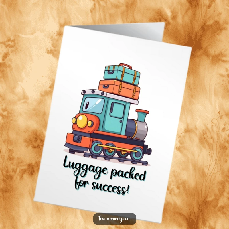 Funny Free Printable Congratulations Card: Playful train balancing luggage, celebrating new journeys with a humorous, packed design.