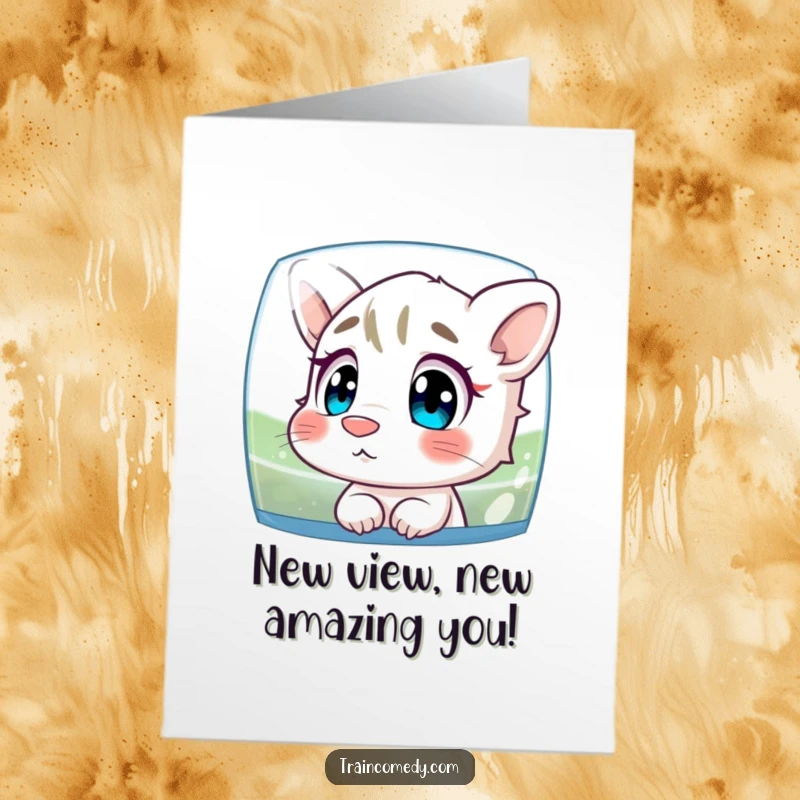 Funny Free Printable Congratulations Card: Curious cartoon character with nose pressed against glass, observing scenery, celebrating achievements.