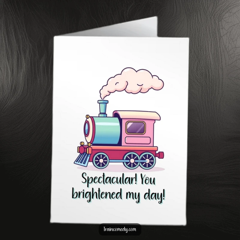 Funny free printable congratulations card of a train engine blowing a cheerful puff of rainbow smoke, signifying a bright achievement.