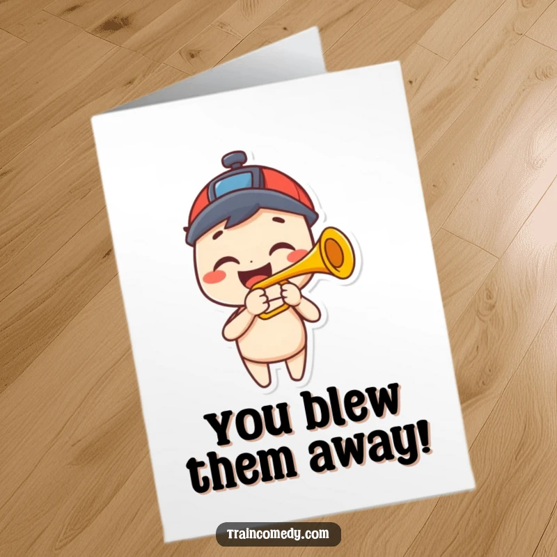 Funny Free Printable Congratulations Card: A happy character with a huge grin plays a trumpet resembling a train horn.