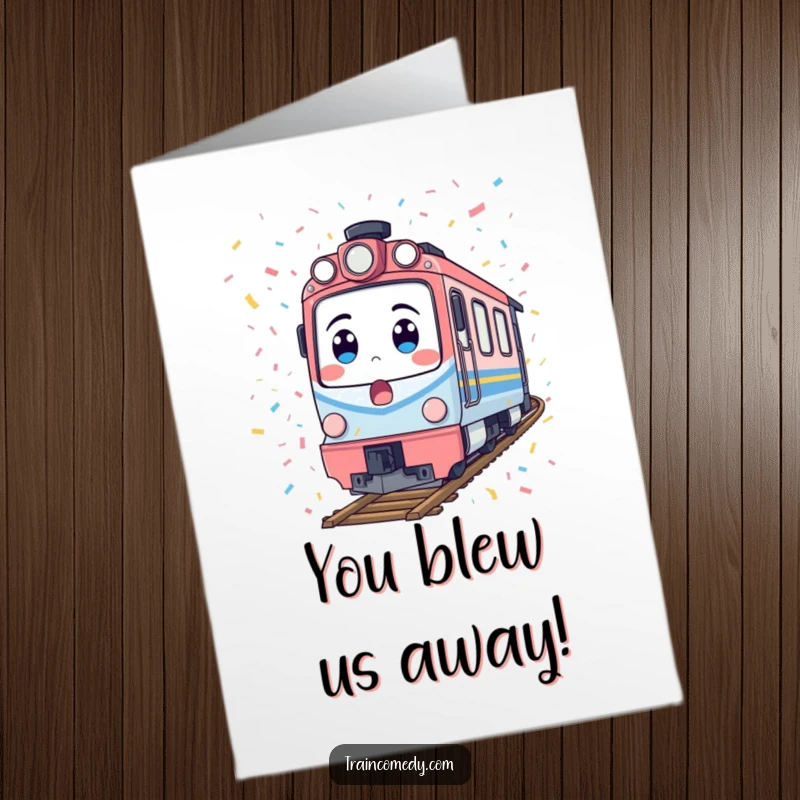 Funny Free Printable Congratulations Card: A train character looks surprised while showered in confetti, a fun DIY gift.