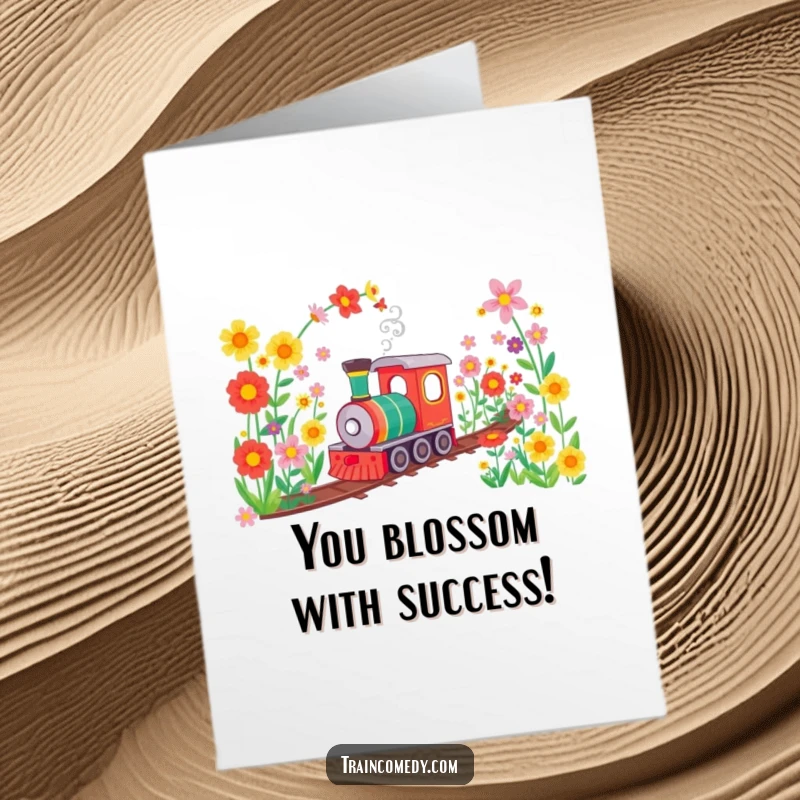Funny Free Printable Congratulations Card: A train chugs with joy through a tunnel of colorful flowers, symbolizing growth and happiness.