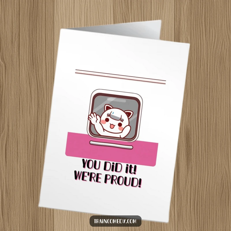 Funny Free Printable Congratulations Card: A cute Kawaii character waves goodbye to challenges from a train window, celebrating success.
