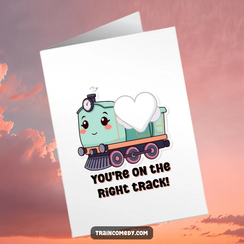 Funny Free Printable Congratulations Card: A cute train puffs a heart-shaped cloud, celebrating your special achievement.