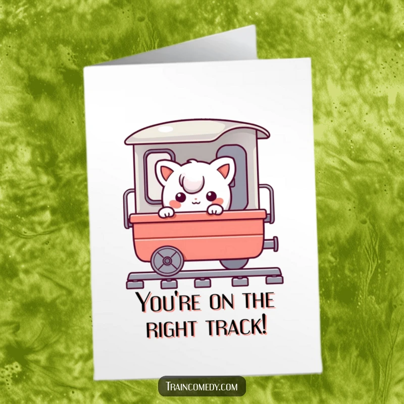 Free Printable Congratulations Card: Playful character peeks from behind a train cart, celebrating a fun achievement.