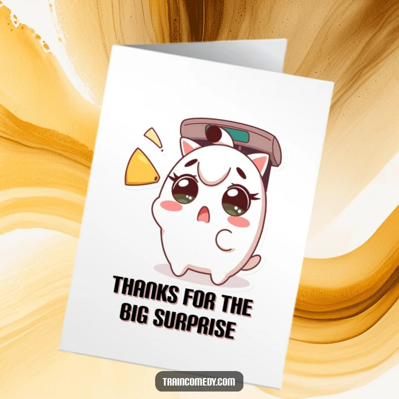 Funny Free Printable Thank You Card: A Kawaii character's eyes are wide with surprise as a train horn sounds, conveying thanks.