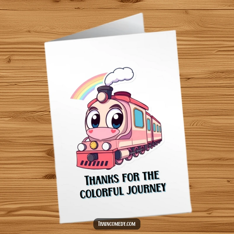 Funny Free Printable Thank You Card: A curious train looks upon a magical rainbow, symbolizing a grateful heart.