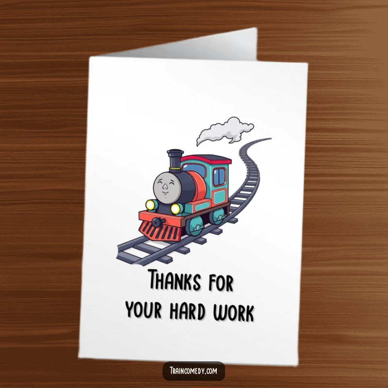 Funny free printable thank you card with a determined train character chugging uphill, leaving a trail of sparkling coal as a symbol of effort.