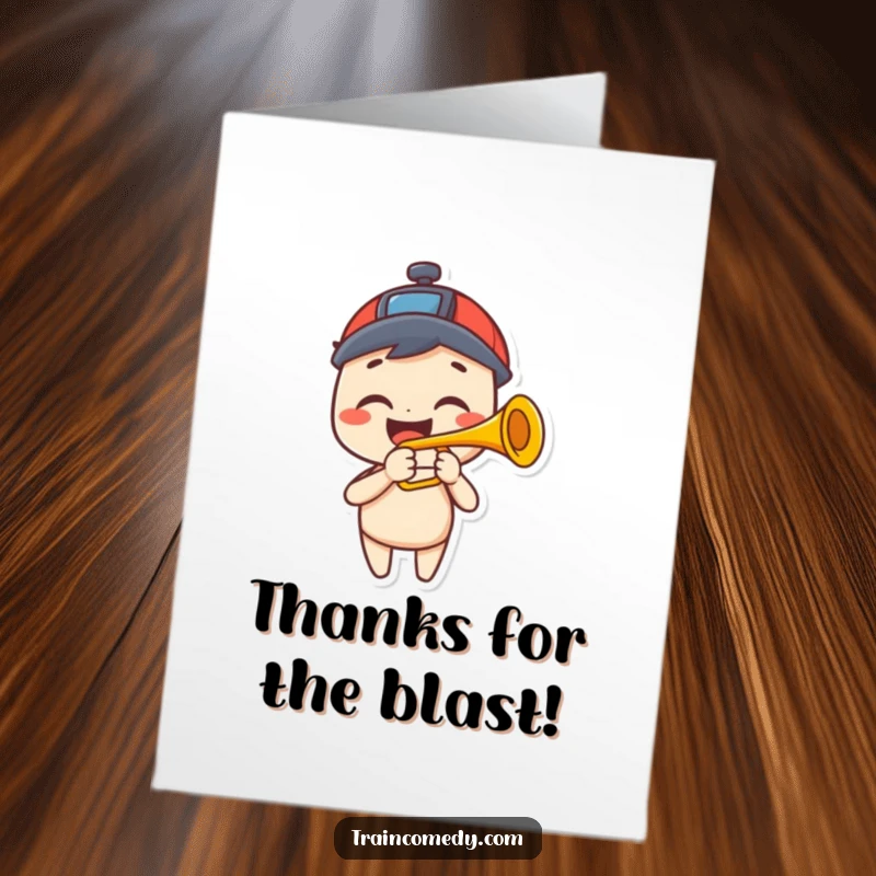 Funny Free Printable Thank You Card: A happy character blowing a trumpet that looks just like a train horn.