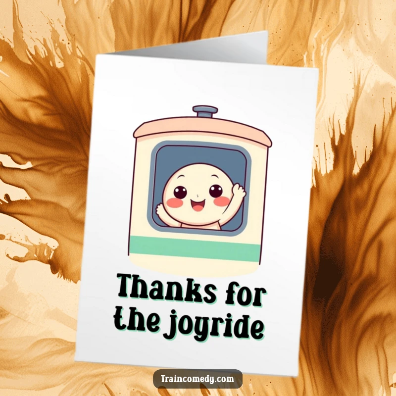 Funny Free Printable Thank You Card: Cheerful, round character with a big smile waving from a train window, a friendly way to say thanks.