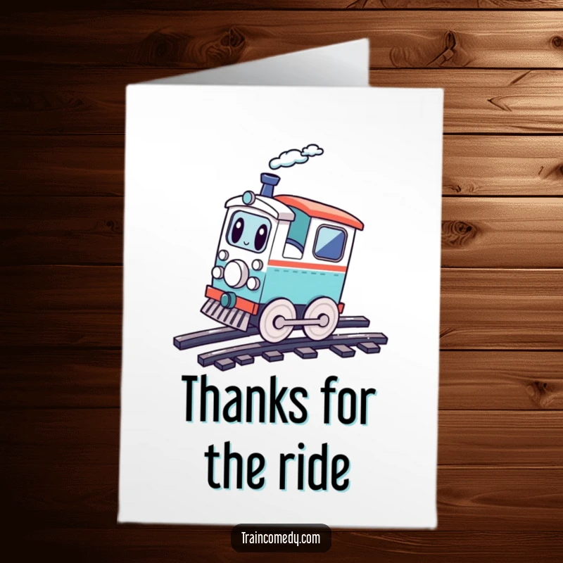 Free Printable Thank You Card: Playful train doing a cartwheel on tracks, a fun and funny thank you card.