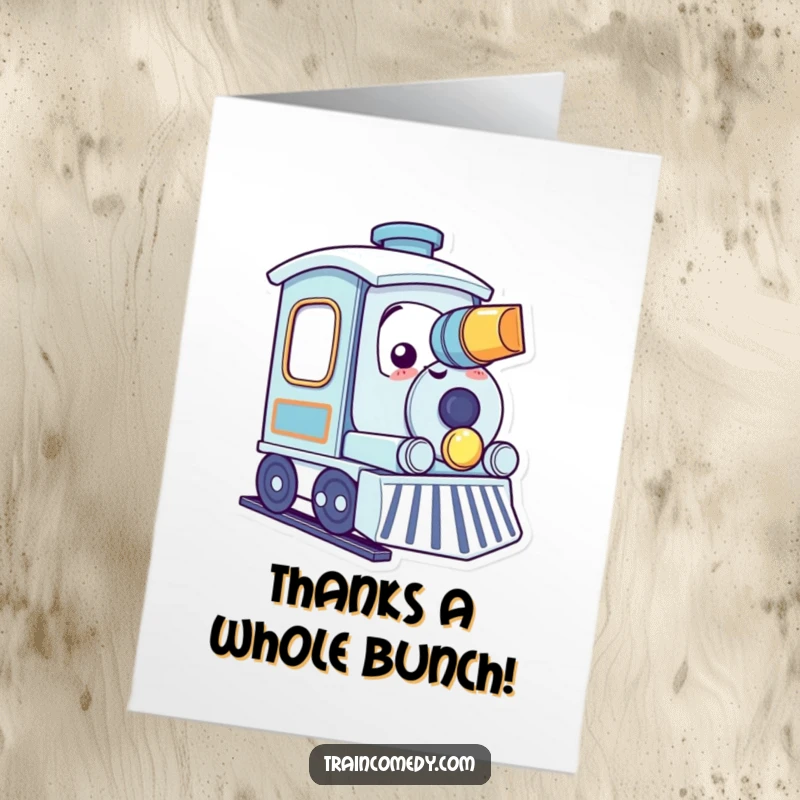 Funny Free Printable Thank You Card: Cute kawaii train character smiling and gleefully tooting its horn.