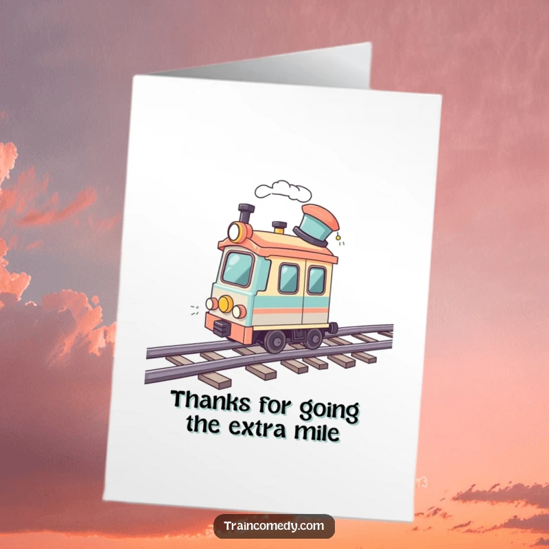 Funny free printable thank you card of a train car in a jaunty hat, racing at top speed on a wavy track.