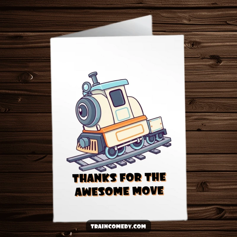 Funny Free Printable Thank You Card: A playful train does a cartwheel on its tracks, sending groovy thanks.