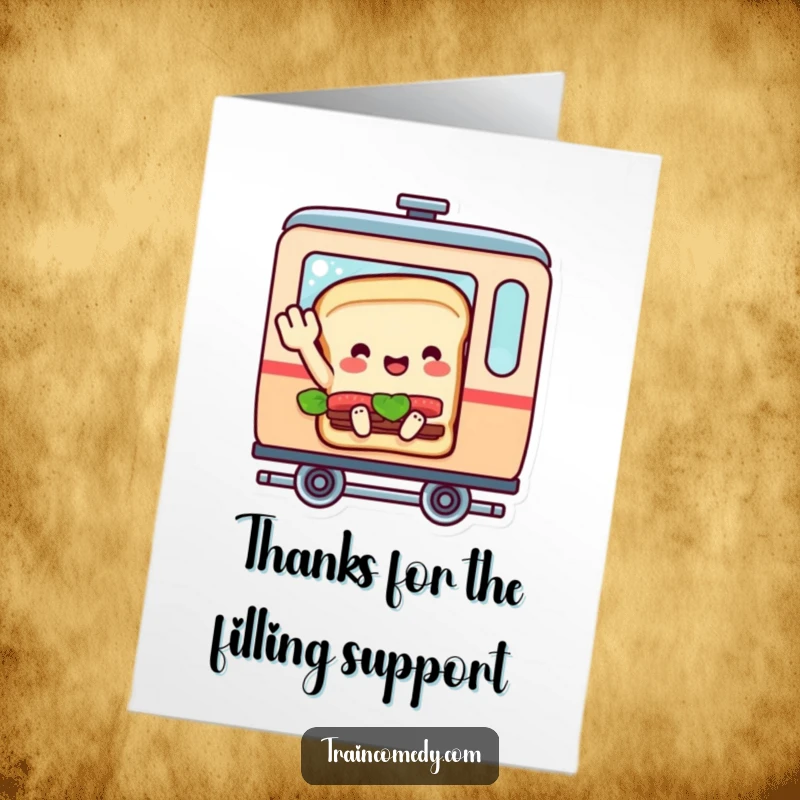 Funny Free Printable Thank You Card: A friendly sandwich character in a train car waving goodbye, sending warm thanks your way.