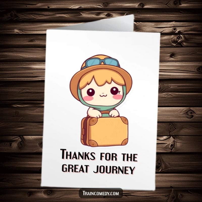 Funny Free Printable Thank You Card: A happy Kawaii character with a packed suitcase, ready for an adventure, expressing thanks.
