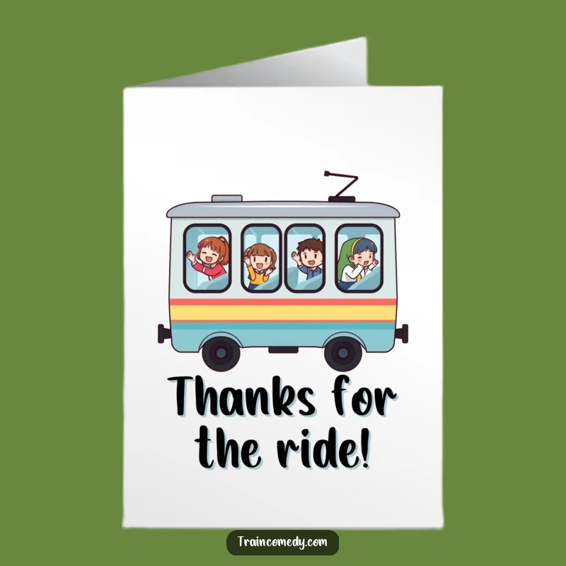 Free Printable Thank You Card: Whimsical Train, Waving Passengers, Funny Downloadable Gift