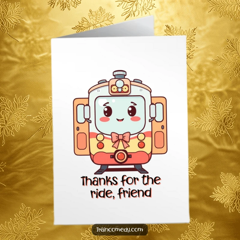 Funny Free Printable Thank You Card depicting a train character with doors open, bowing politely to welcome someone.