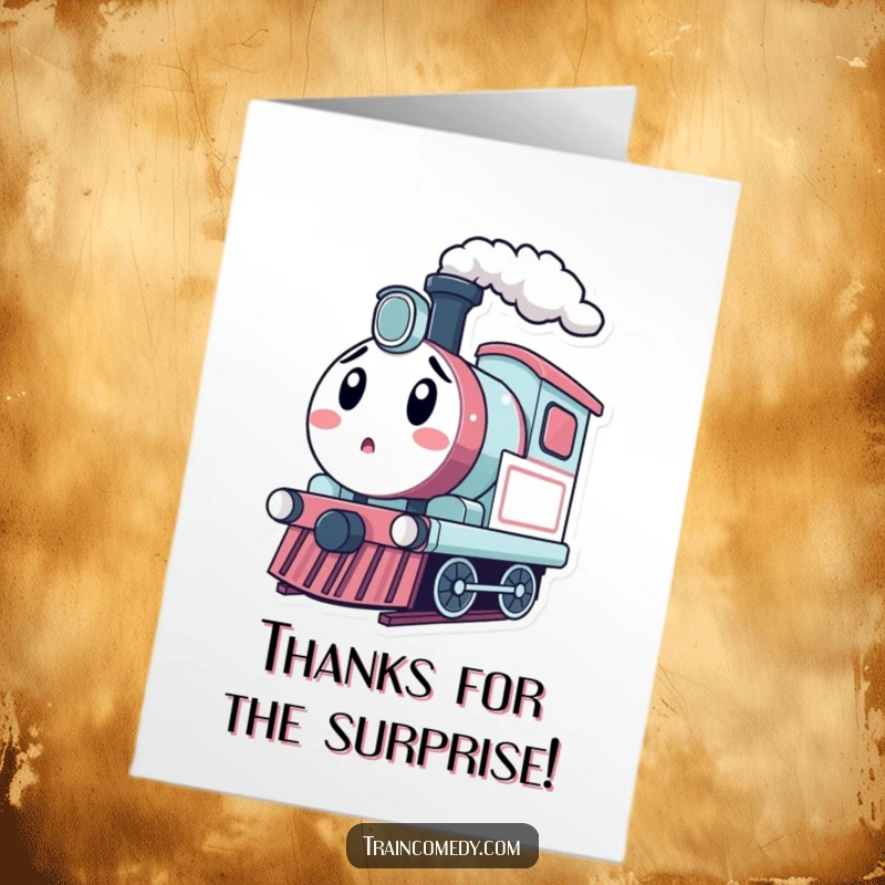 Funny Free Printable Thank You Card: Kawaii train engine looking surprised while puffing steam.