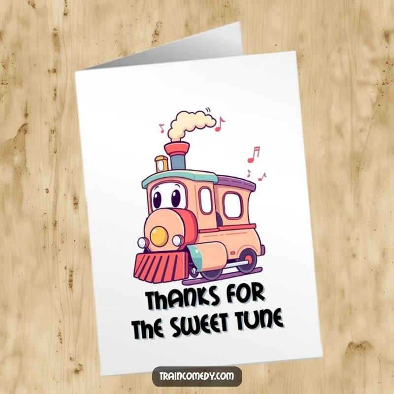 Funny Free Printable Thank You Card of a train character with musical notes flowing from its chimney, expressing thanks.