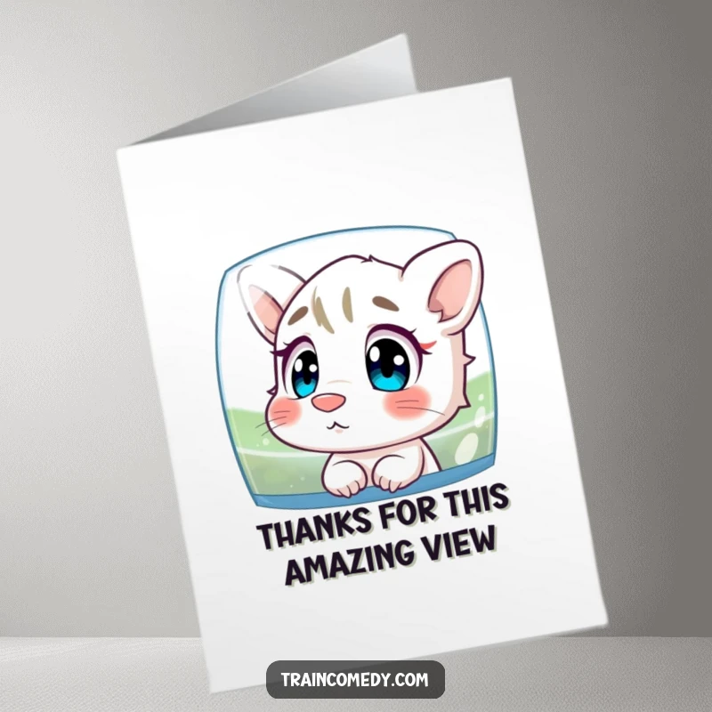 Funny Free Printable Thank You Card: Curious cartoon character with nose pressed against glass, watching scenery, expressing gratitude.