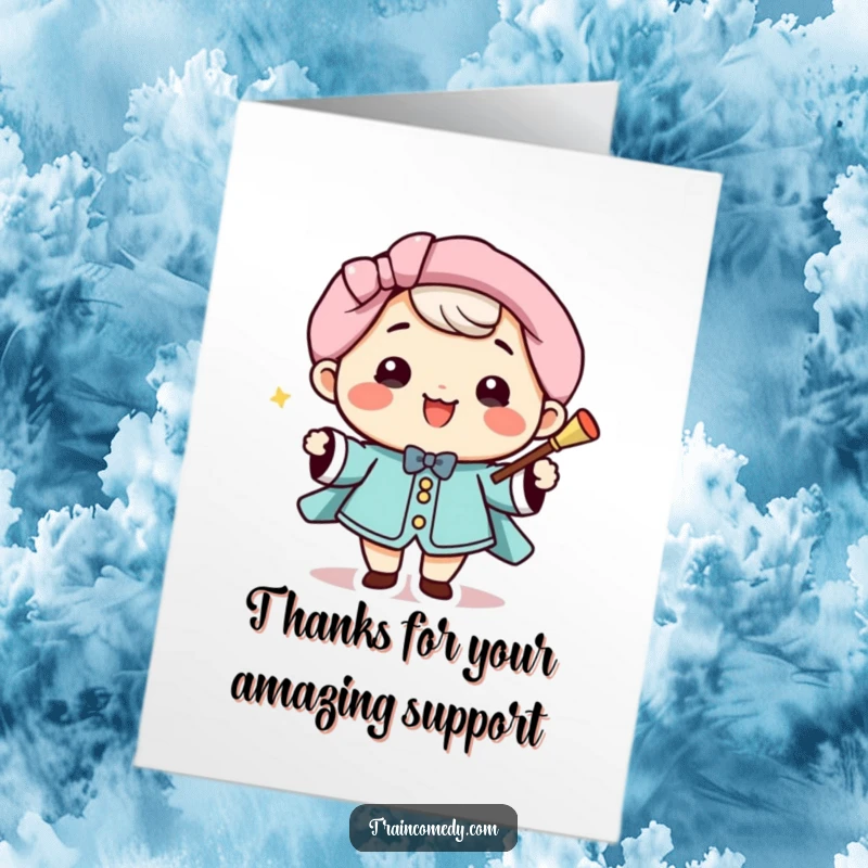 Funny Free Printable Thank You Card: A happy Kawaii conductor smiles, directing a symphony of thank yous with a baton.