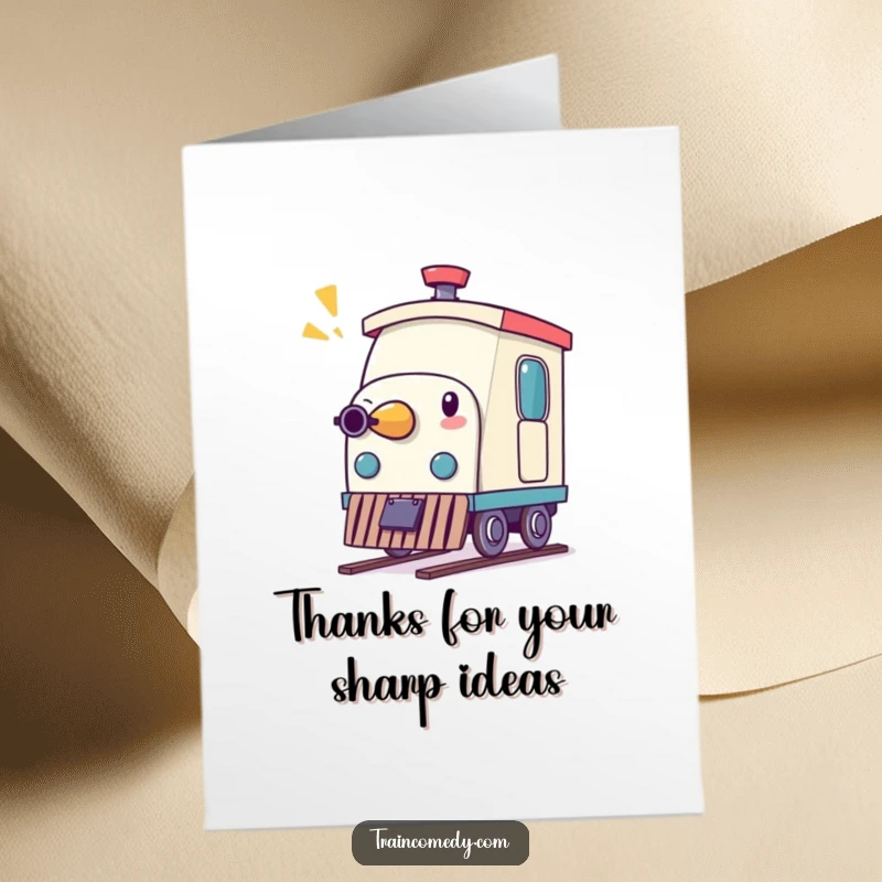 Funny Free Printable Thank You Card: A whimsical pencil character acting as a train whistle, sending a cheerful thank you.