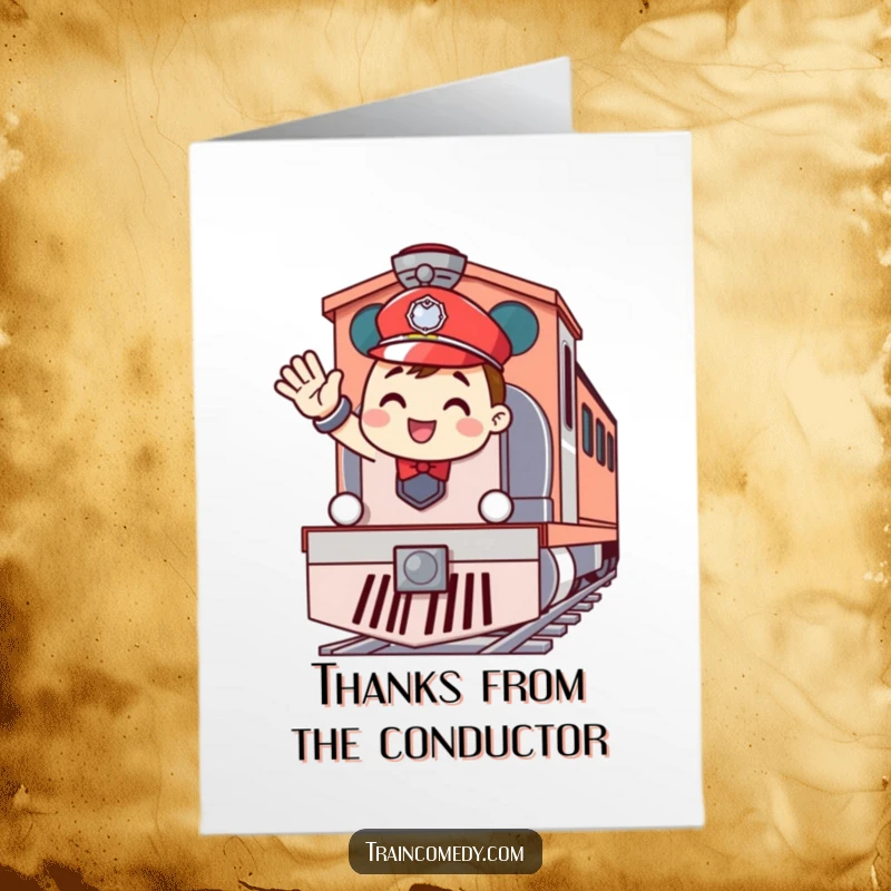 Funny Free Printable Thank You Card: Cheerful train conductor waving from engine, expressing thanks with a friendly smile.