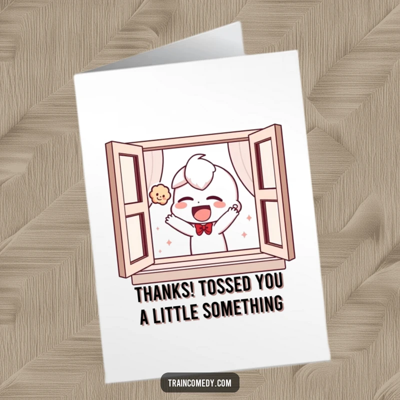Funny Free Printable Thank You Card: a giggling character playfully tosses a plush toy, expressing thanks with joy.