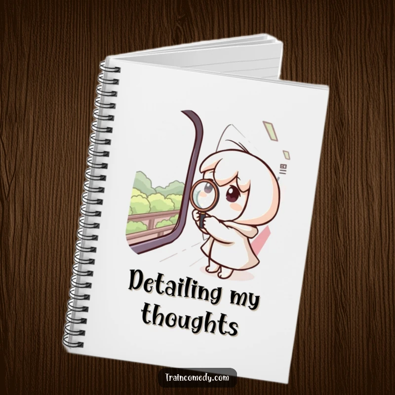 Funny notebook cover with a curious character holding a magnifying glass to a train window, focused on the passing scenery.