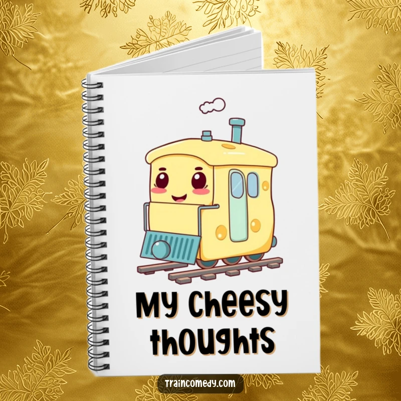 Funny notebook showcasing a train carriage humorously designed as a giant, smiling cheese, perfect for jotting down tasty ideas.