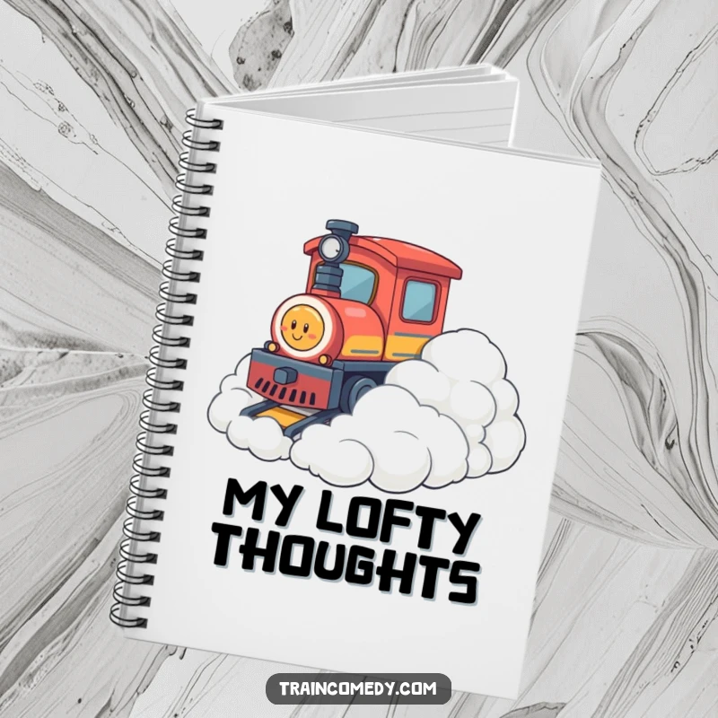 Funny notebook featuring a train character playfully bumping into fluffy clouds, encouraging creative writing and note-taking with a whimsical theme.